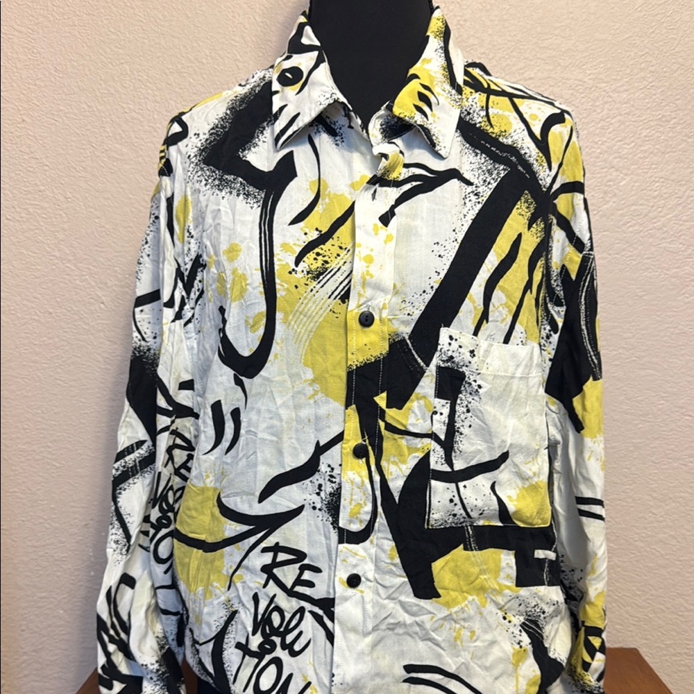 Black and Yellow Casual Button Down Shirt with Artistic Pattern
